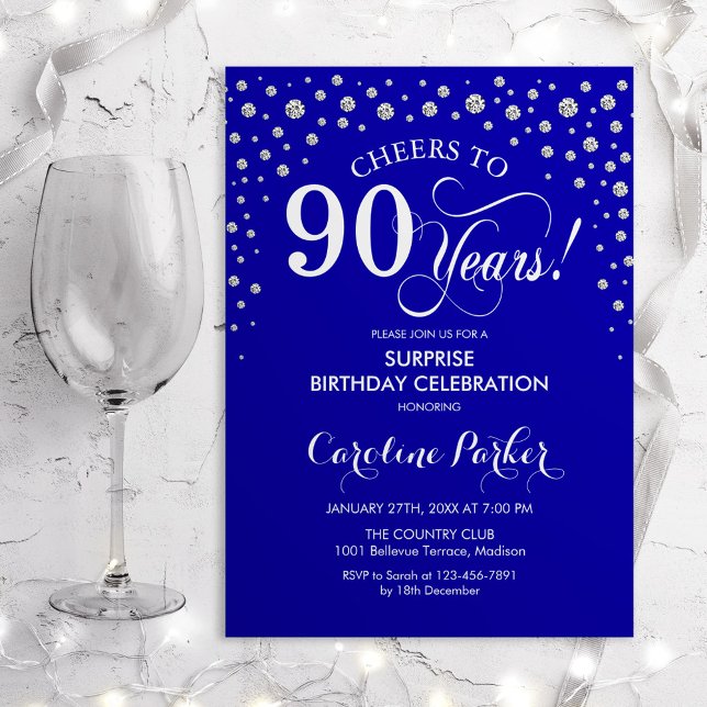 Surprise 90th Birthday Party - Royal Blue Silver Invitation (Creator Uploaded)