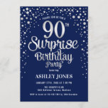 Surprise 90th Birthday Party - Silver & Navy Blue Invitation<br><div class="desc">Surprise 90th Birthday Party Invitation.
 Elegant design in navy blue and faux glitter silver. Features stylish script font and confetti. Message me if you need custom age.</div>