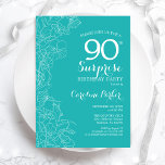 Surprise 90th Birthday Party - Turquoise Floral Invitation<br><div class="desc">Turquoise Floral Surprise 90th birthday party invitation. Minimalist modern design featuring botanical accents and typography script font. Simple feminine invite card perfect for a stylish female surprise bday celebration. Can be customised to any age.</div>