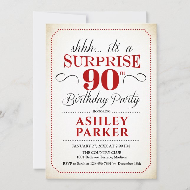 Surprise 90th Birthday Party - White Red Black Invitation (Front)