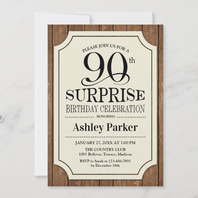 Surprise 90th Birthday Party Wood Pattern Invitation (Front)