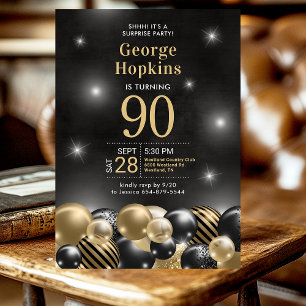 Surprise 90th Birthday Photo Black Gold Balloons Invitation