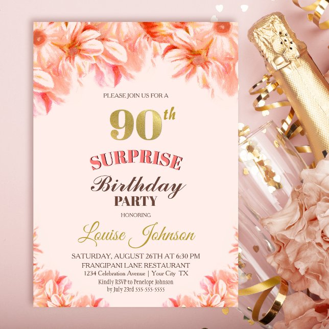 Surprise 90th Birthday Pink Gold Floral Party Invi Invitation (Creator Uploaded)