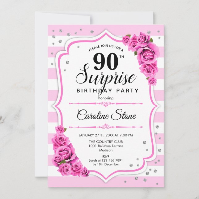 Surprise 90th Birthday -  Pink White Invitation (Front)