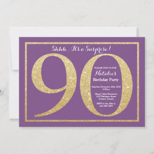 Surprise 90th Birthday Purple and Gold Glitter Invitation