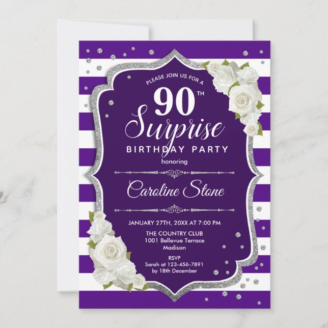 Surprise 90th Birthday - Purple Silver Invitation (Front)