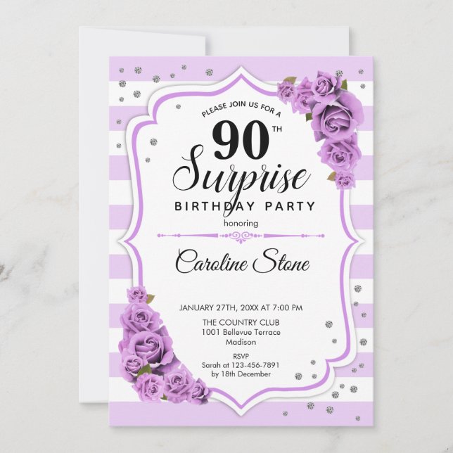 Surprise 90th Birthday - Purple White Invitation (Front)