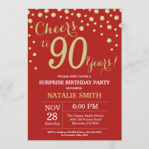 Surprise 90th Birthday Red and Gold Diamond Invitation