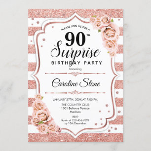 Surprise 90th Birthday - Rose Gold White Pink Invitation