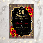 Surprise 90th Birthday - Rustic Sunflowers Invitation<br><div class="desc">Surprise 90th Birthday Invitation. Feminine rustic black,  white,  red design with faux glitter gold. Features wood pattern,  red roses,  sunflowers,  script font and confetti. Perfect for an elegant birthday party. Can be personalized to show any age. Message me if you need further customization.</div>