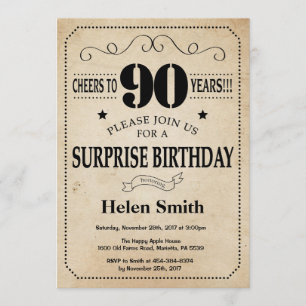 Surprise 90th Birthday Rustic Vintage Retro Invitation