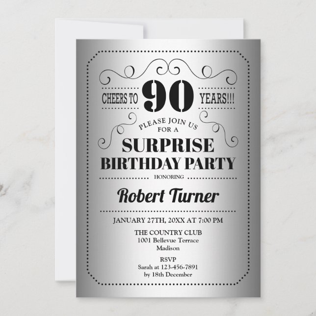 Surprise 90th Birthday - Silver Black Invitation (Front)