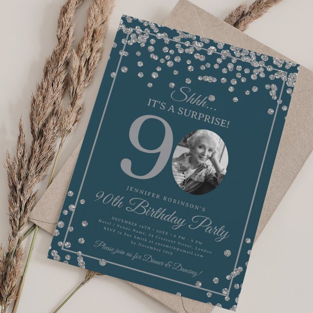 SURPRISE 90th Birthday Silver Confetti Navy Blue  Invitation (SURPRISE 90th Birthday Silver Confetti Navy Blue Invitation)