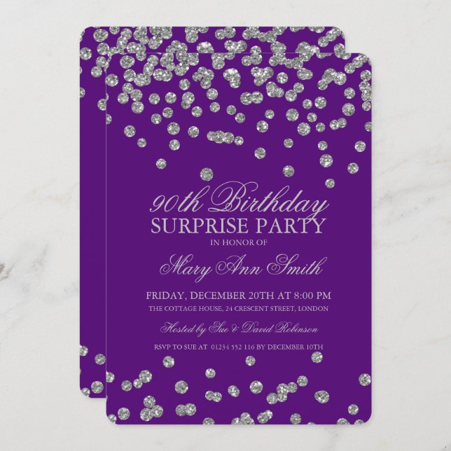 Surprise 90th Birthday Silver Glitter Purple Invitation (Front/Back)