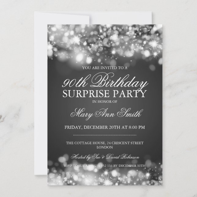 Surprise 90th Birthday Silver Sparkling Lights Invitation (Front)