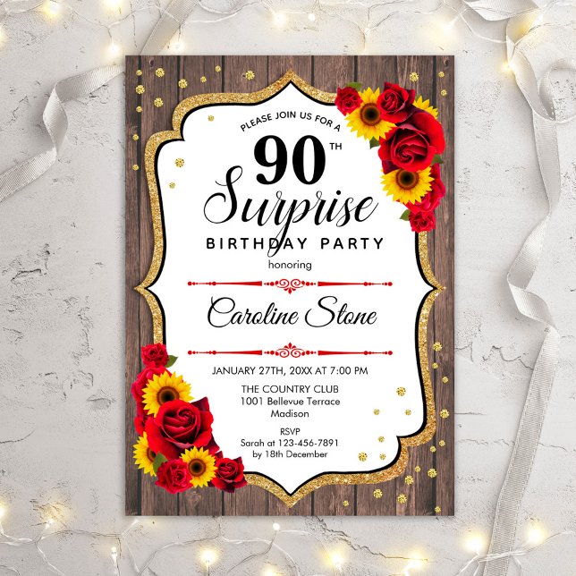 Surprise 90th Birthday - Sunflowers Rustic Wood Invitation (Creator Uploaded)
