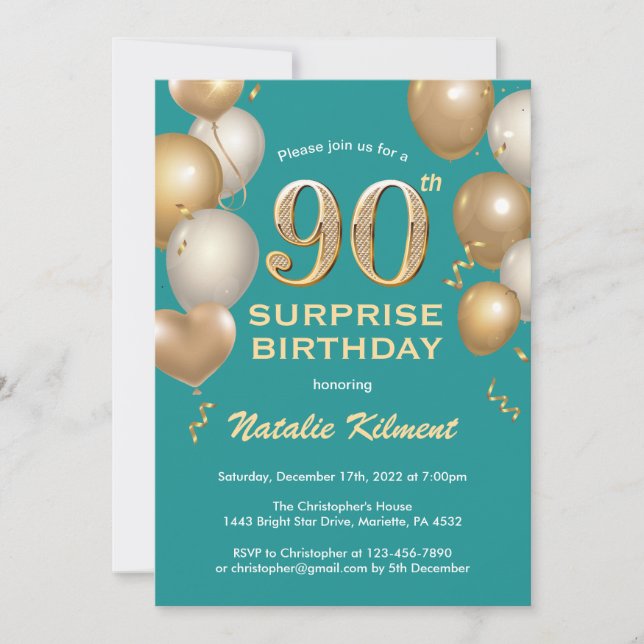 Surprise 90th Birthday Teal and Gold Balloons Invitation (Front)