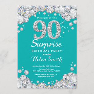 Surprise 90th Birthday Teal and Silver Diamond Invitation