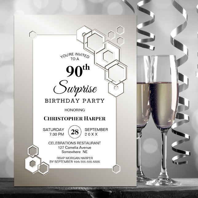 Surprise 90th Silver Geometric Birthday Party Invitation (Creator Uploaded)
