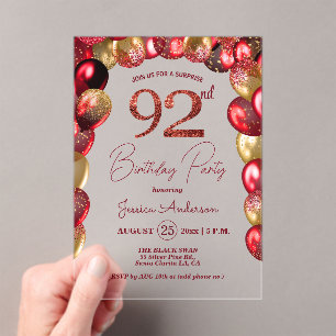 Surprise 92nd Birthday Party Gold Burgundy Glitter Acrylic Invitations