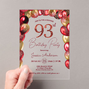 Surprise 93rd Birthday Party Gold Burgundy Glitter Acrylic Invitations