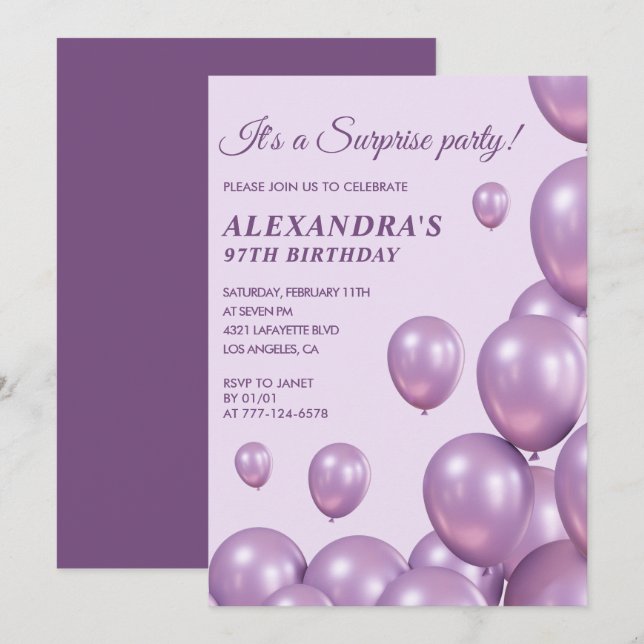 Surprise 97th birthday invitations Purple Balloons (Front/Back)