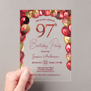Surprise 97th Birthday Party Gold Burgundy Glitter Acrylic Invitations