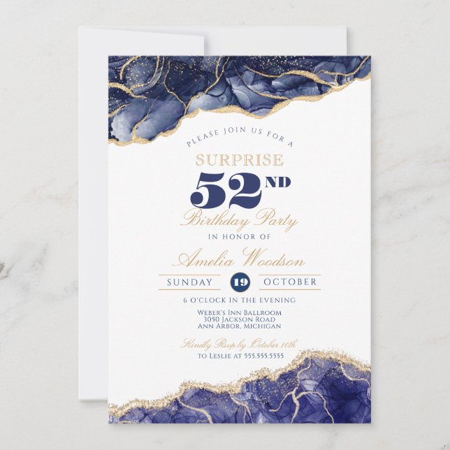 Surprise Adult Birthday Elegant Navy Agate Any Age Invitation (Front)