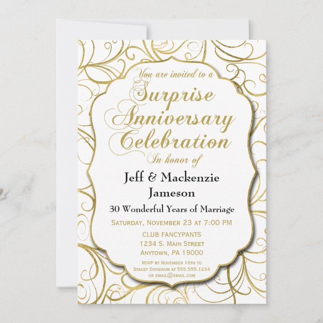 Surprise Anniversary Invitation White Gold Swirl (Front)