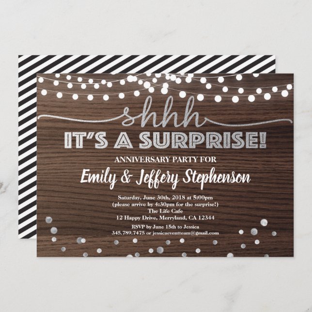 Surprise anniversary party wood & silver invitation (Front/Back)