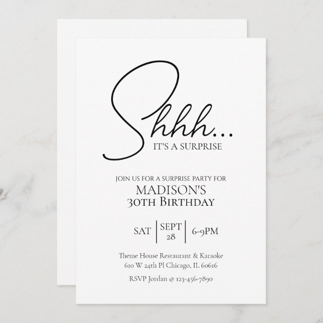 Surprise Any Age 30th Black & White Birthday Invitation (Front/Back)