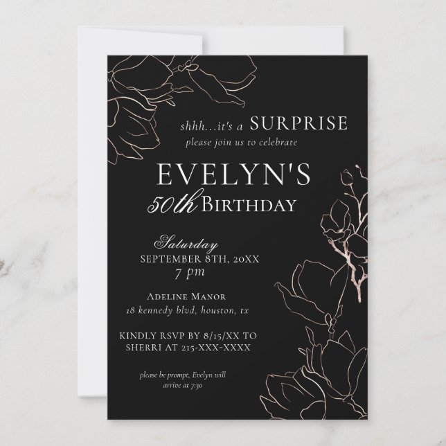 Surprise Any Year Gold Floral Birthday Party Invitation (Front)