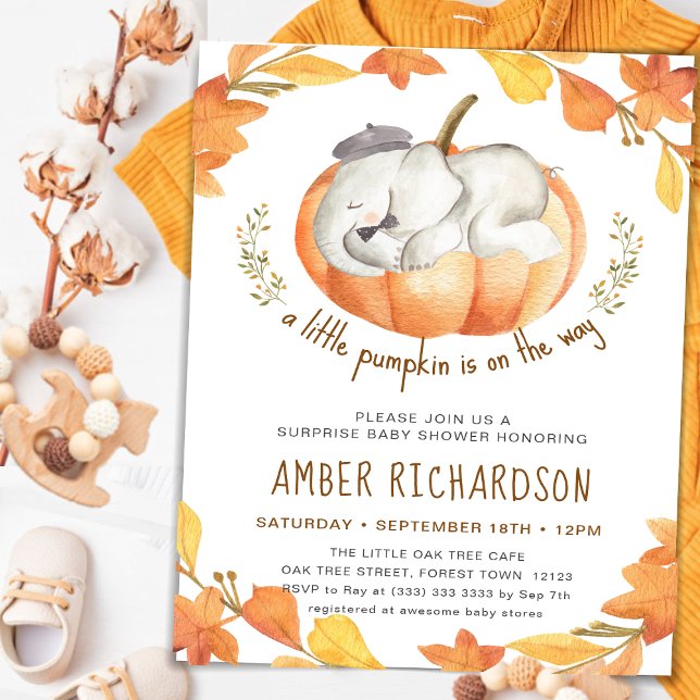 Surprise Baby Shower Boy Elephant Autumn Pumpkin Invitation (Creator Uploaded)