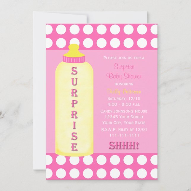 Surprise Baby Shower Invitation Pink Baby Bottle (Front)