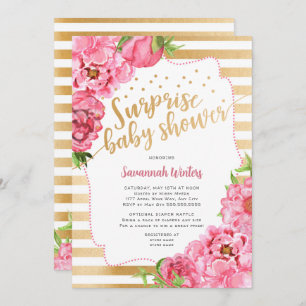Surprise Baby Shower pink gold peonies Invitation