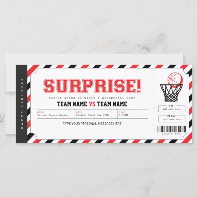 Surprise Basketball Game Personalised Gift Ticket (Front)