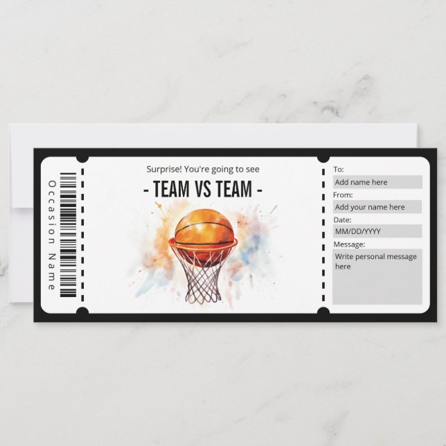 Surprise Basketball Game Ticket Gift Certificate Invitation (Front)