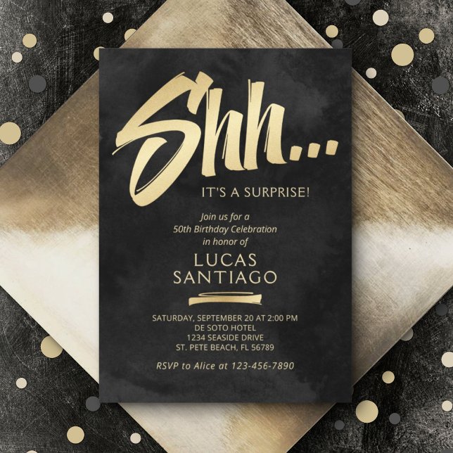 Surprise Birthday Black Gold Invitation (Creator Uploaded)