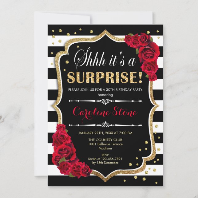 Surprise Birthday - Black White Stripes Red Roses Invitation (Front)
