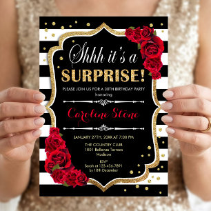 Surprise Birthday - Black White Stripes Red Roses Invitation