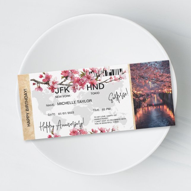Surprise Birthday Boarding Pass Tokio Trip Ticket Invitation (Anniversary surprise trip boarding pass ticket, destination Tokio, cherry blossom)