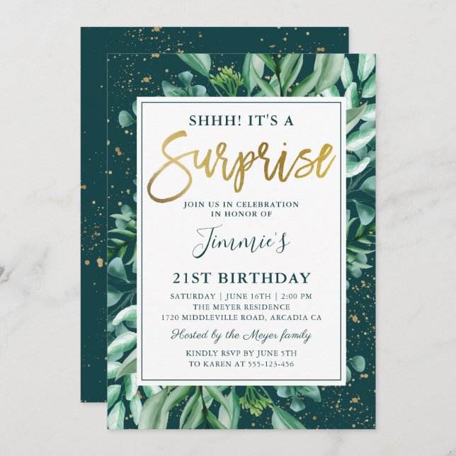 Surprise Birthday Chic Greenery Gold Glitter  Invitation (Front/Back)