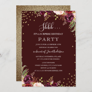 Surprise Birthday Gold Confetti Burgundy Floral Invitation