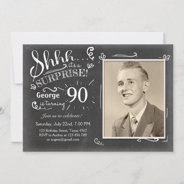 Surprise birthday invitation 90 Chalkboard Rustic (Front)