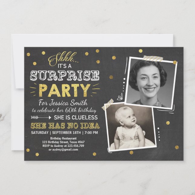 Surprise birthday invitation Chalkboard Gold (Front)