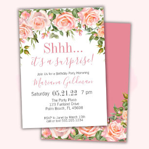 Surprise Birthday Invitations Pink Floral Party
