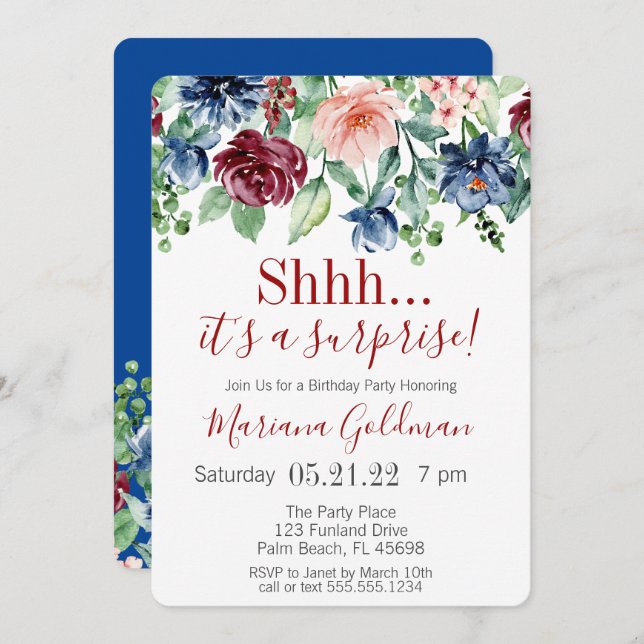 Surprise Birthday Navy Blue Burgundy Party Invitation (Front/Back)