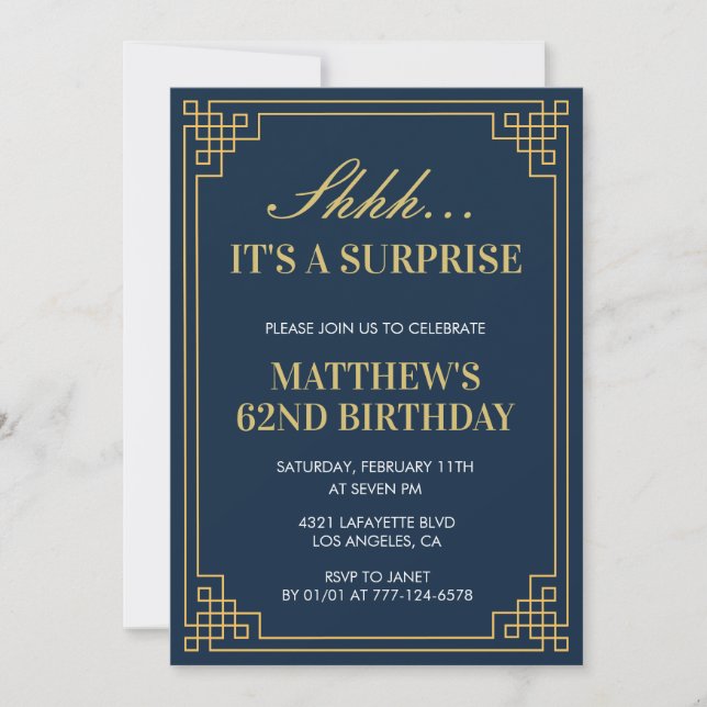 Surprise Birthday Navy blue Gold Men 62nd birthday Invitation (Front)