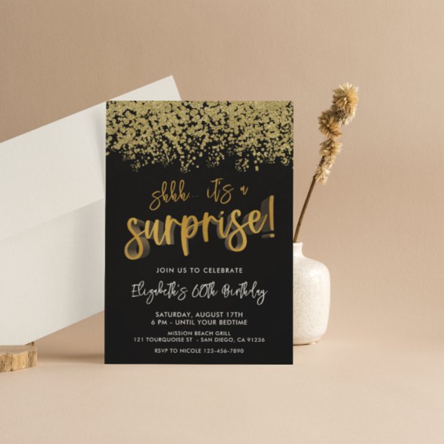 Surprise Birthday Party Any Age Black and Gold Invitation (Creator Uploaded)