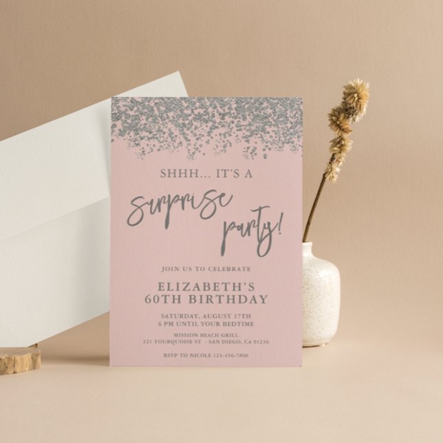 Surprise Birthday Party Any Age Pink and Silver Invitation (Creator Uploaded)
